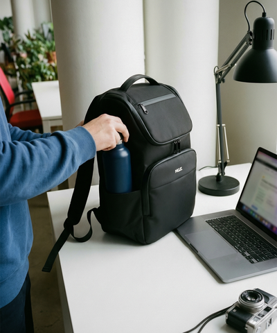 Person placing a water bottle into a black backpack on a desk with a laptop and camera.