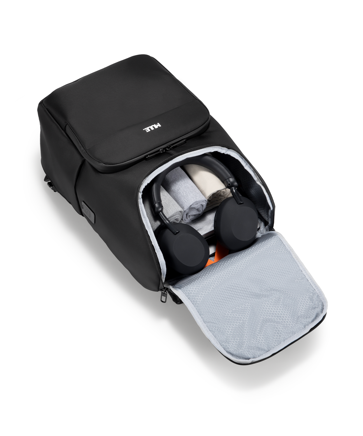 Black WR 810D Ballistic Nylon shoulder bag shown open on a blue gradient background with callout labels pointing to features like USB Type-C, waterproof silent zippers, and the top-access main compartment.