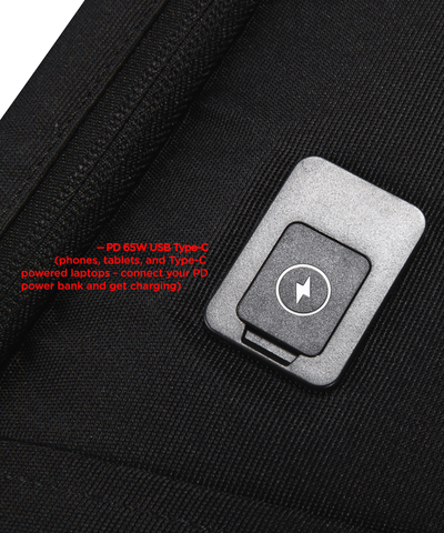 Close-up of a black fabric bag with a USB C Port attached with a white lightning bolt symbol and red text explaining USB-C charging compatibility.