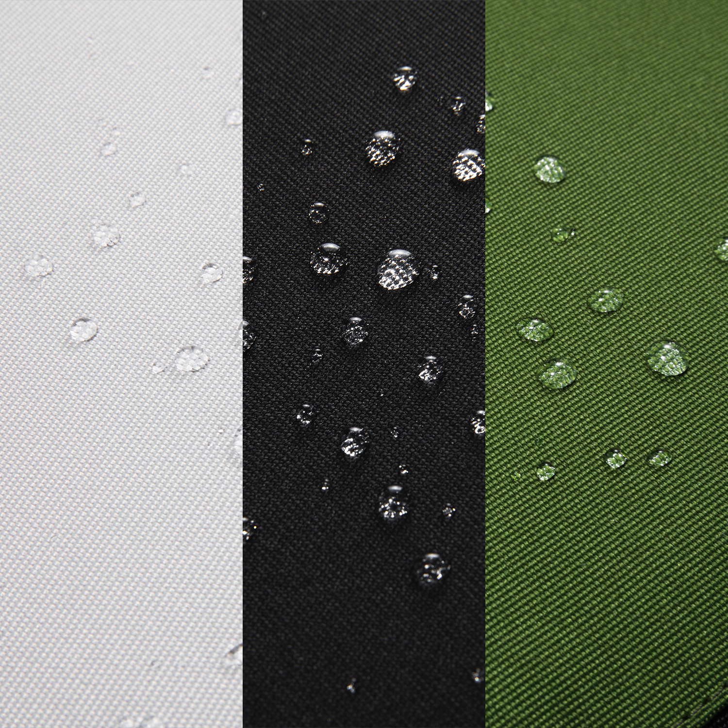 fabric swatches in gray, black, and green with water droplets on them.